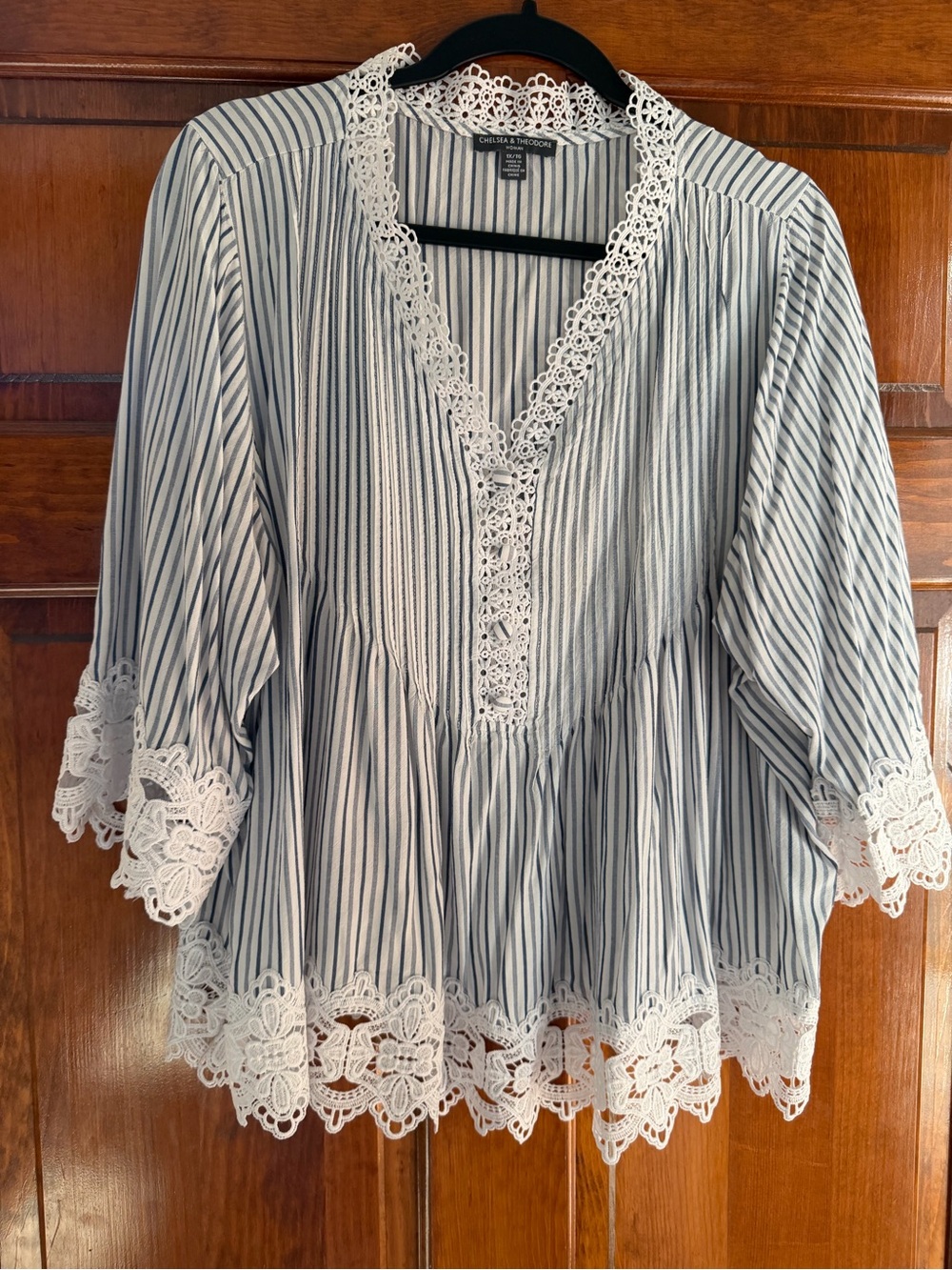 Chelsea & Theodore Navy and White Striped Lace-Trim Peasant Blouse